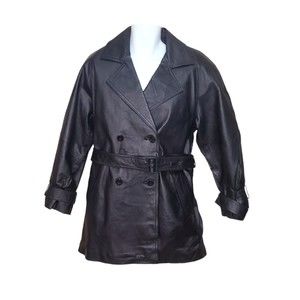 GIII Women's Leather Belted Jacket Size S/CH Mid Length Quilted Lined Pea Coat